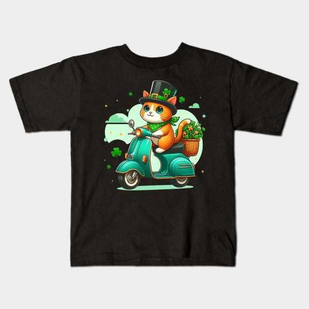 Celebrate St Patricks Day Day with a cute and colorful Cat on a Motorcycle design Kids T-Shirt by click2print